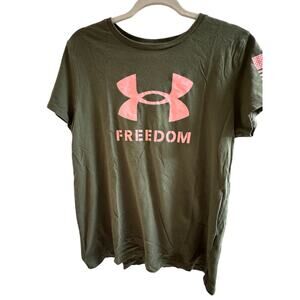 Under Armour Womens Freedom Logo T-Shirt Marine OD Green Pink Sands Large L USA